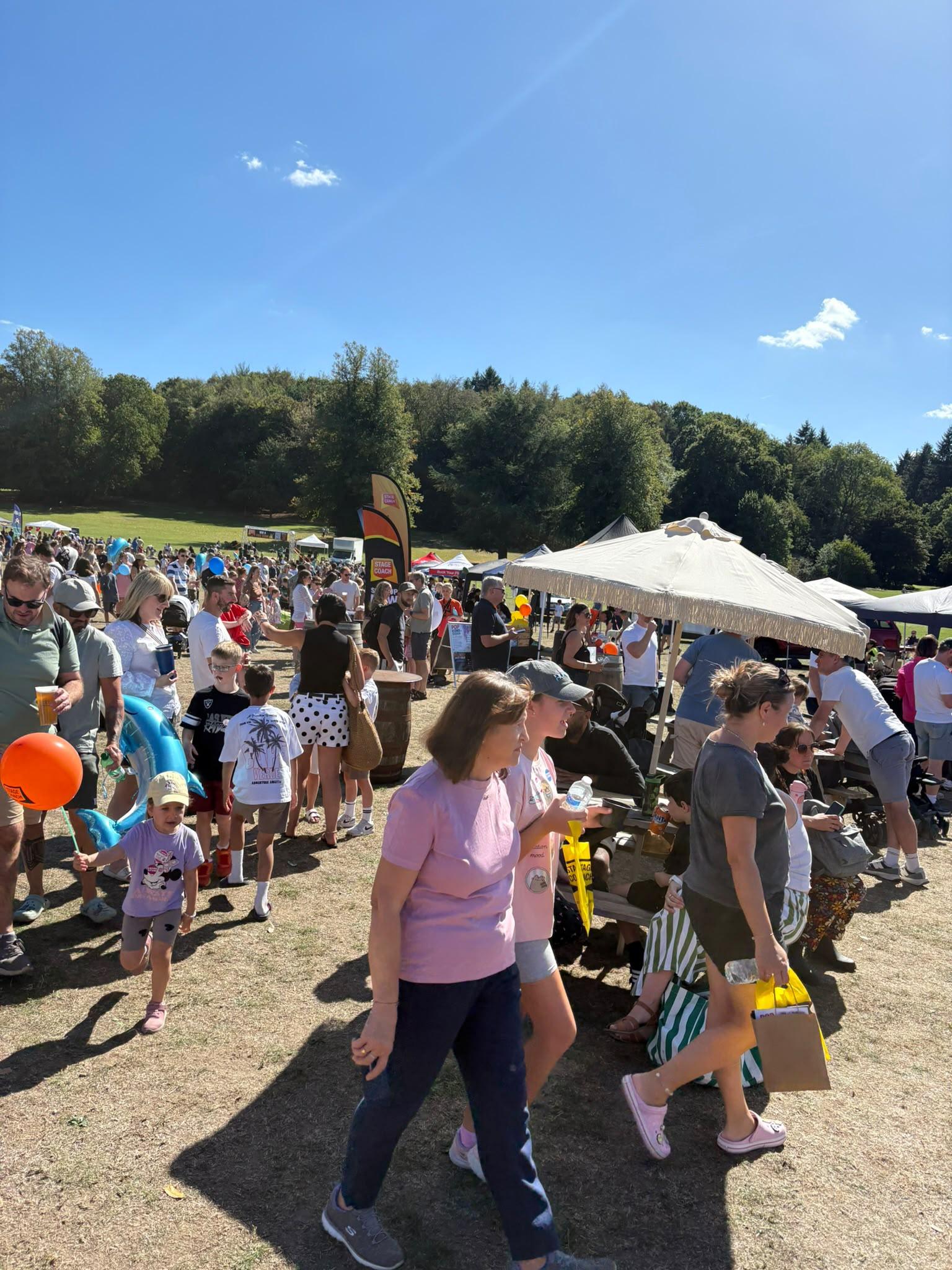 Families walking between the stalls in bright sunshine, a parasol over the picnic benches and club flags along the top of the field.